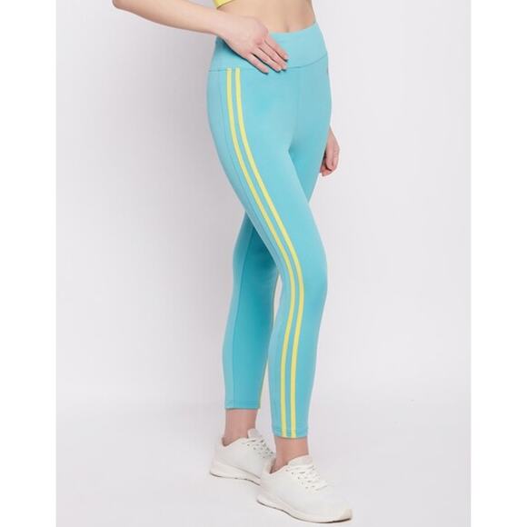 Move Theology Two Stripe Leggings WMNS S Teal Yellow Deluxe Rib Pull On Stretchy - Picture 2 of 11
